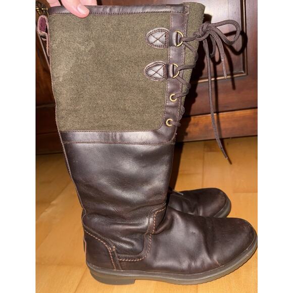 UGG Elsa Waxed Leather Wool Waterproof Riding Boots Lace Up Zipper Green Brown - Picture 1 of 5